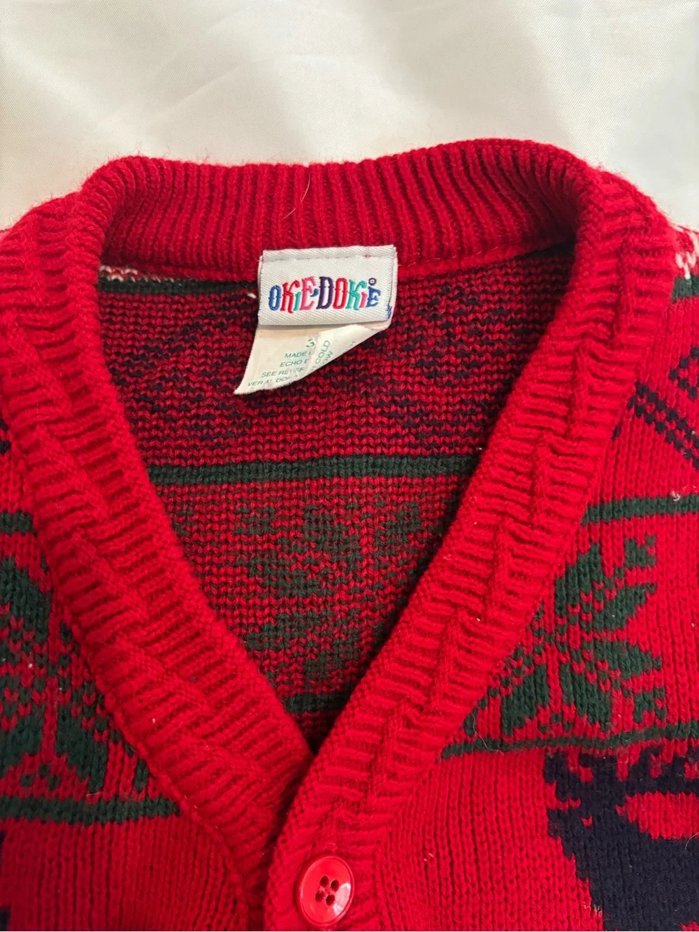 Vintage okie dokie Red and Navy Holiday Knit Cardigan with Animal Motif 3t boy